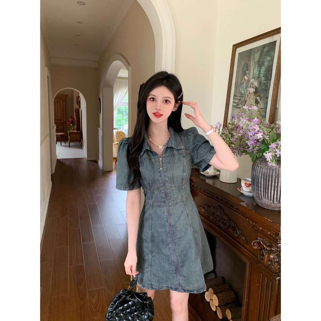 【运费补贴】大码女装2024显瘦收腰牛仔拉链连衣裙胖mm高级感短裙