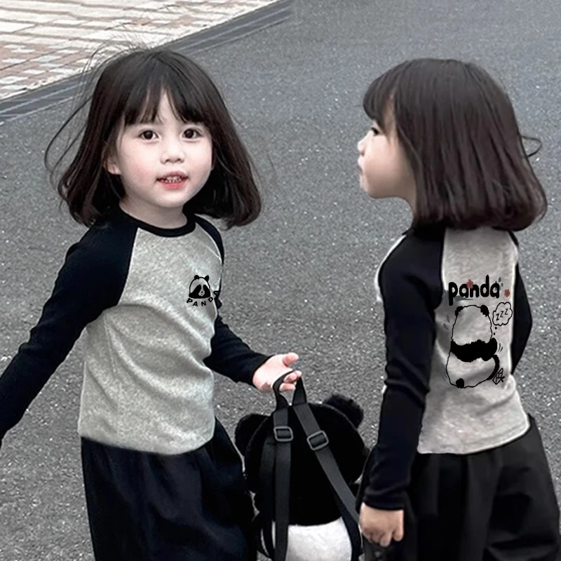 儿童插肩袖熊猫T恤纯棉长袖潮酷拼接宽松春秋宝宝儿童春装上衣男