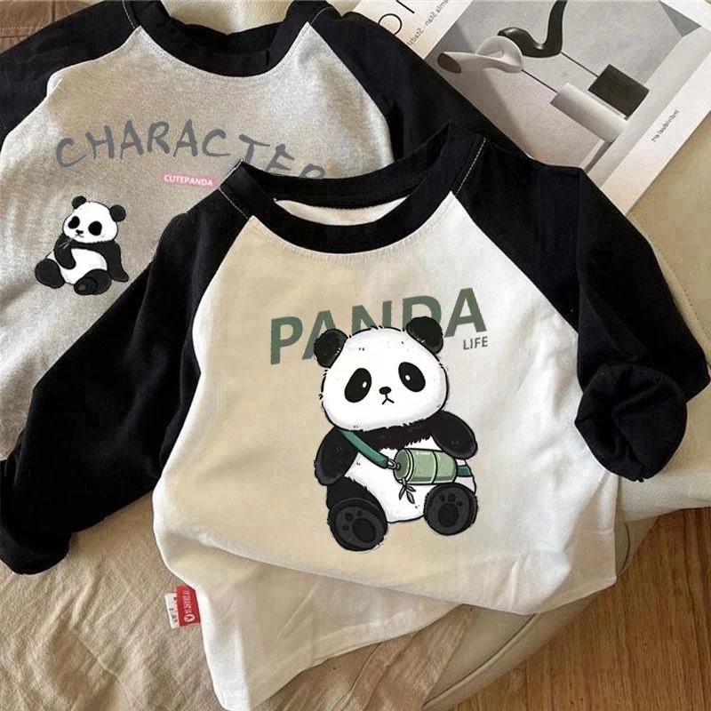 儿童秋新款拼色长袖T恤宝宝卡通熊猫中大童纯棉印花打底衫上衣