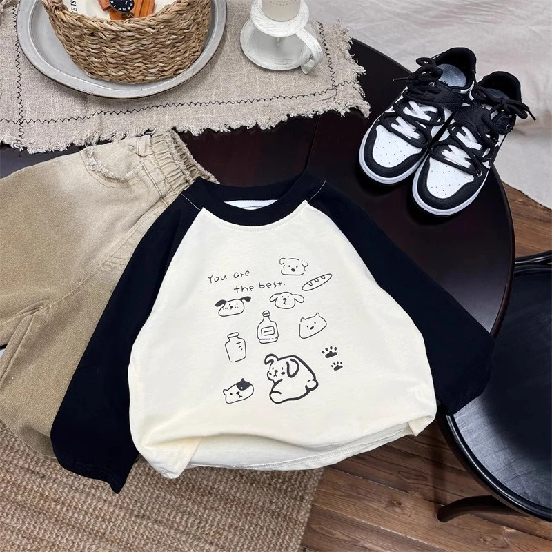 男女童纯棉长袖T恤春秋中大儿童撞色拼接打底衫洋气百搭宝宝上衣