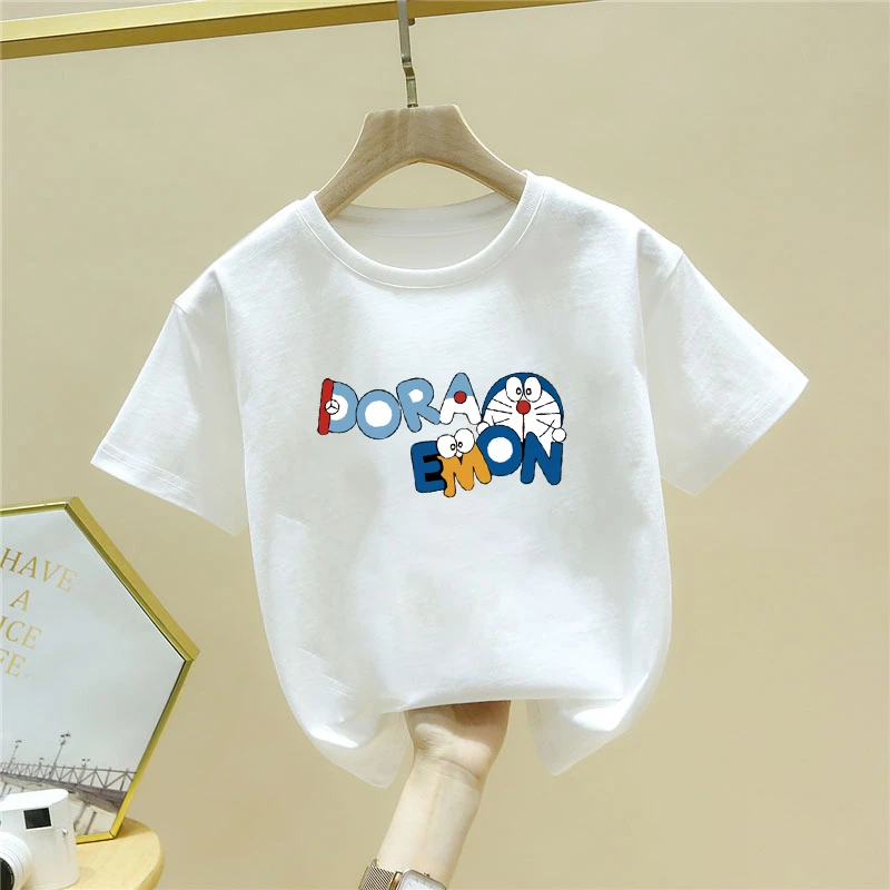 纯棉儿童白t恤夏季新款叮当猫卡通洋气休闲百搭半袖男女童上衣潮