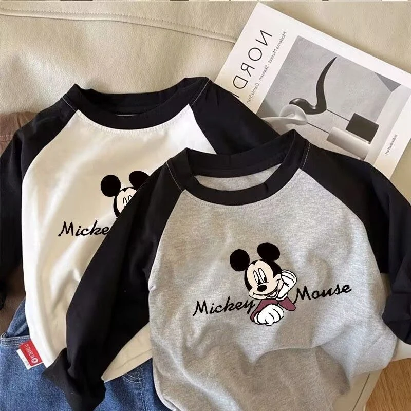 秋季儿童100%纯棉长袖T恤男女童拼接2025新款米奇卡通印花上衣潮