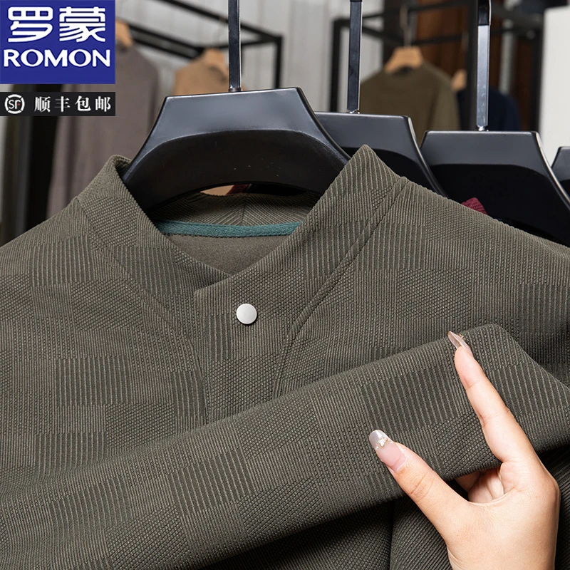 罗蒙设计感小立领一粒扣长袖卫衣秋冬新款商务休闲中年打底衫上衣