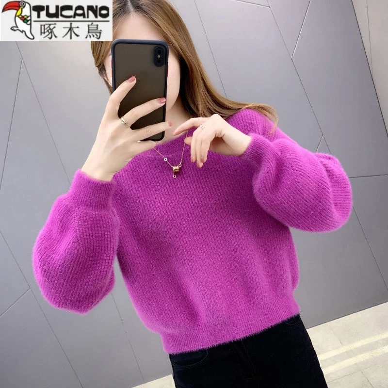 啄木鸟仿水貂绒短款保暖毛衣女2023新款秋冬宽松圆领内搭针织打底