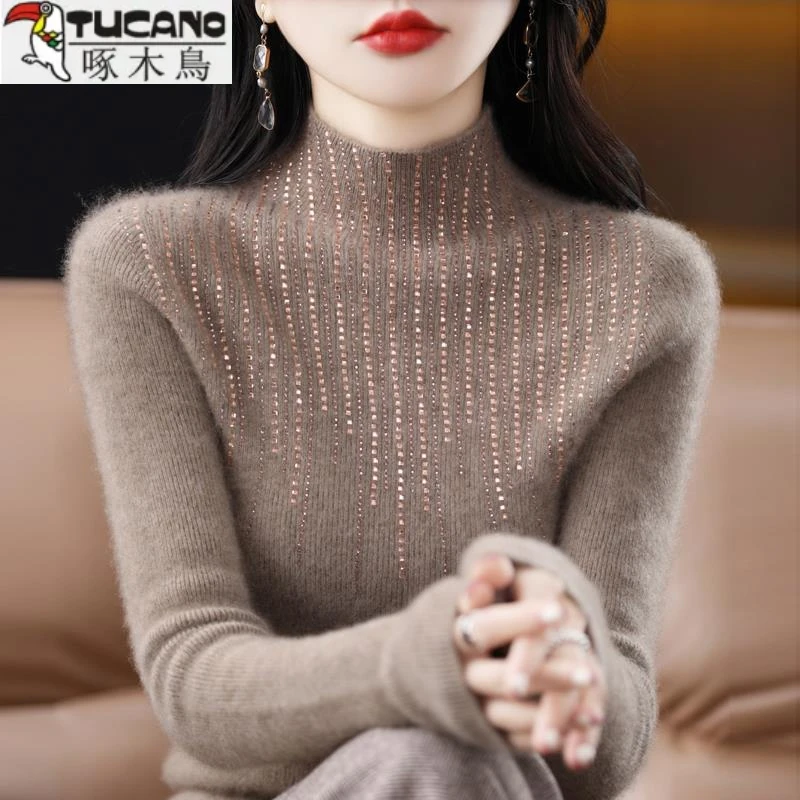 啄木鸟一线成衣100%纯羊毛衫女半高领镶钻23秋冬季新款针织打底羊