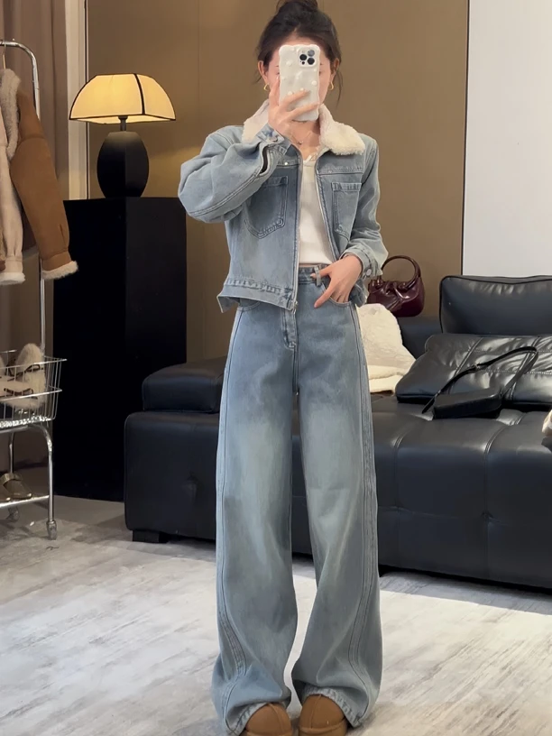 【特价请！】秋冬新款加绒短款时髦牛仔外套➕显高显瘦阔腿裤女