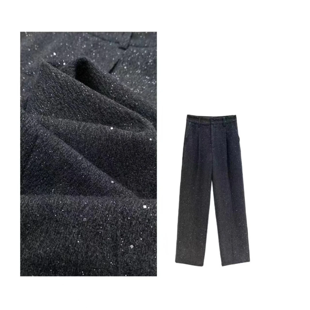 【银河细闪】秋冬新款轻奢重工直筒毛呢高腰裤气质显瘦女