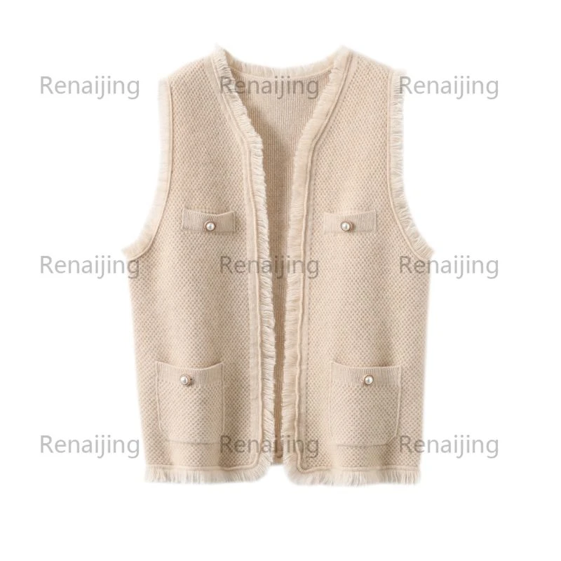 RENAIJING【华贵小香】流苏四股纯山羊绒加厚蜂窝针马夹时尚秋冬