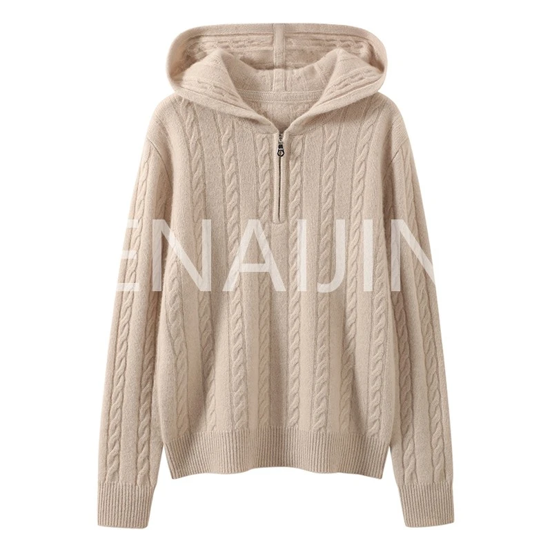 RENAIJING秋冬经典麻花针织半拉链帽衫百搭