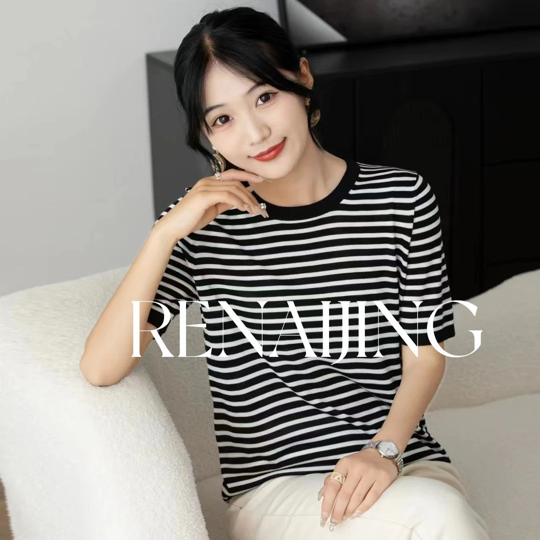 RENAIJING【高奢-夏日条纹】6A白厂丝纯桑蚕丝条纹短袖160支4股合