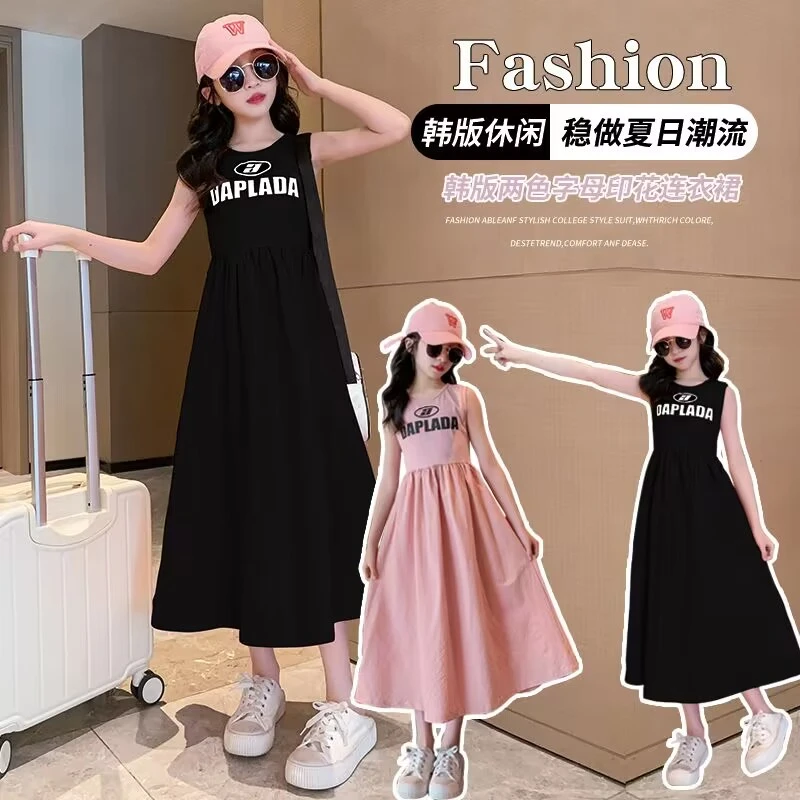 女童韩版休闲时尚无袖连衣裙中大童夏季新款洋气字母印花公主裙潮