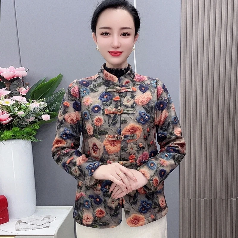 3010牵牛花冬季加厚一体复合绒棉衣拼接毛毛保暖棉服中式秋冬外套