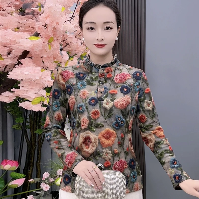 9168款秋冬双面绒印花打底衫时尚木耳边加绒上衣冬季保暖长袖小衫