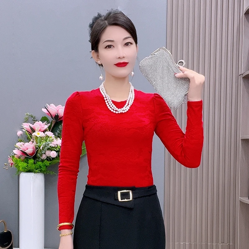 2887山水画女士半高领加绒长袖打底衫网红显瘦上衣时尚修身小衫