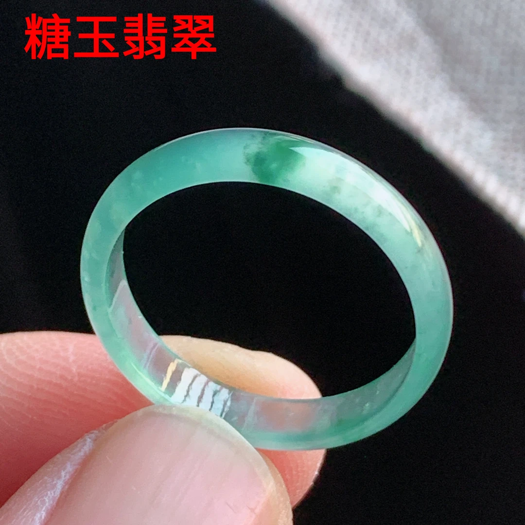 天然A货翡翠 冰种21号冰飘花飘绿花男女戒指指环素圈戒圈尾戒A34