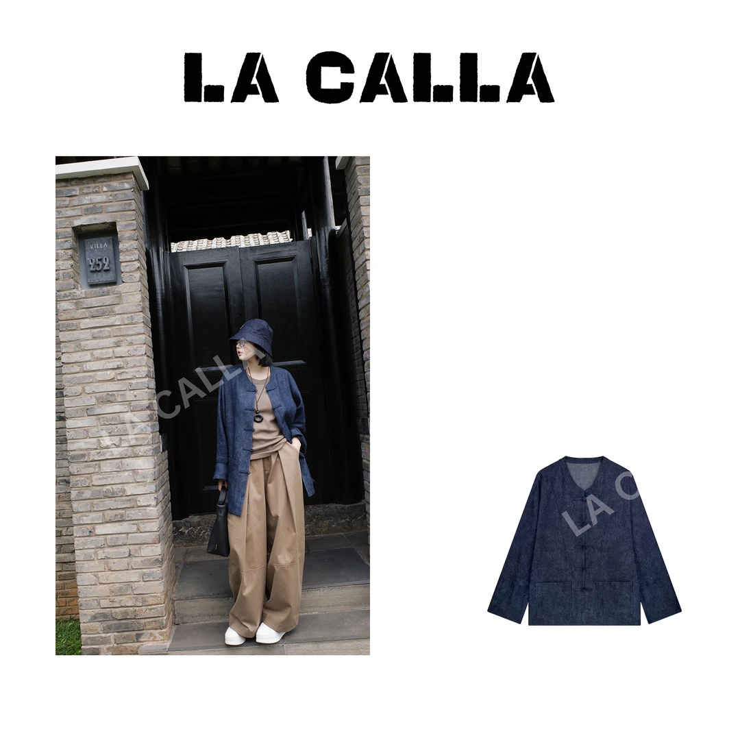 LA CALLA麻牛衬衫蓝色水洗休闲宽松时尚百搭设计感衬衫OY1037