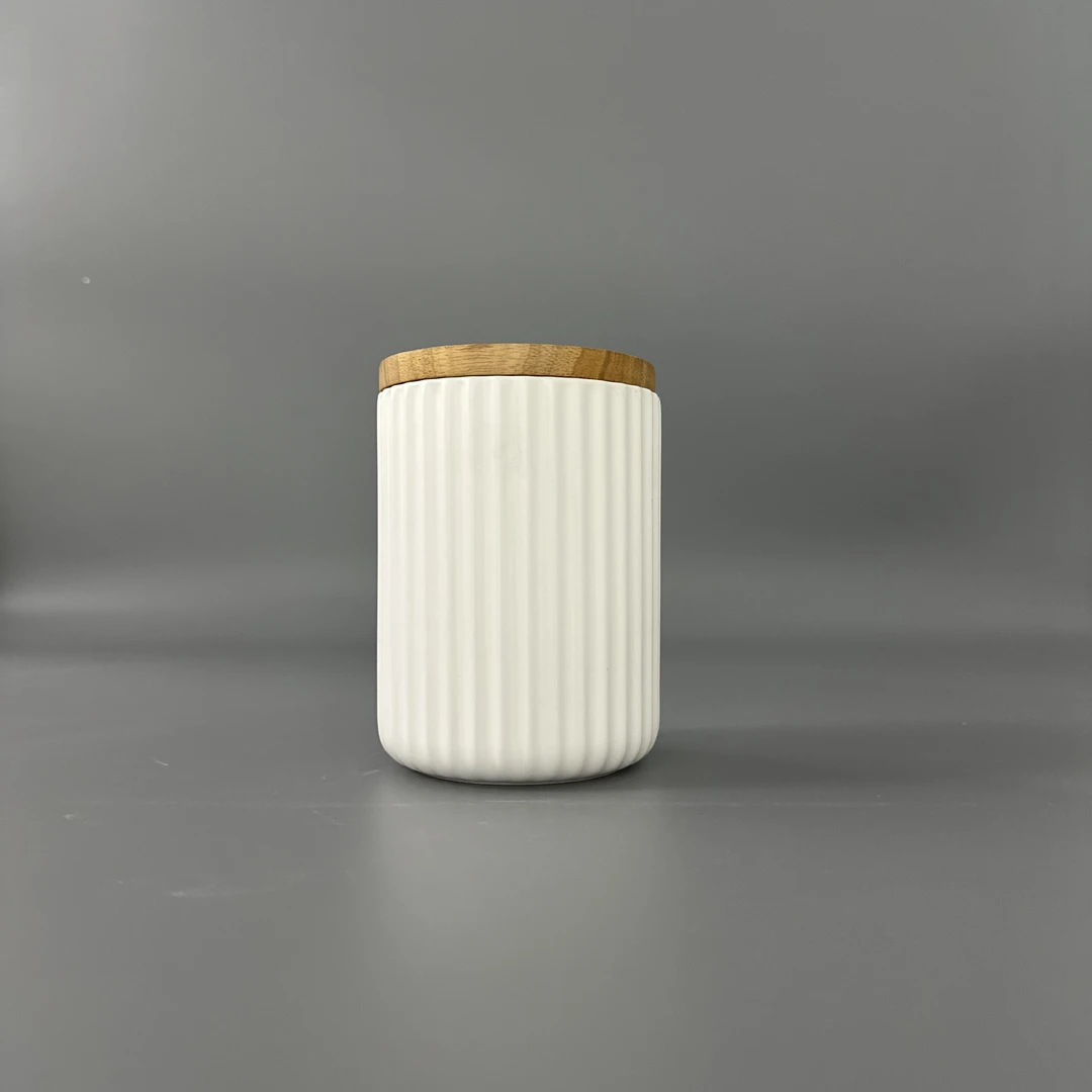 【LL家】14*10cm  850ml（小号）储物罐 哑光白 竖条纹罐高温强化瓷