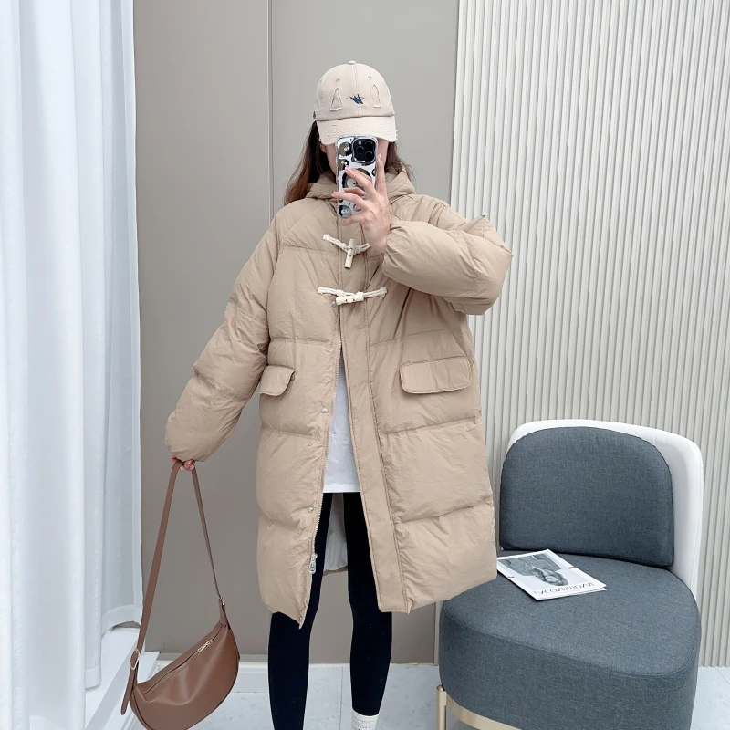 白鸭绒2023新款韩版宽松连帽加厚百搭冬季羽绒服女中长款过膝外套