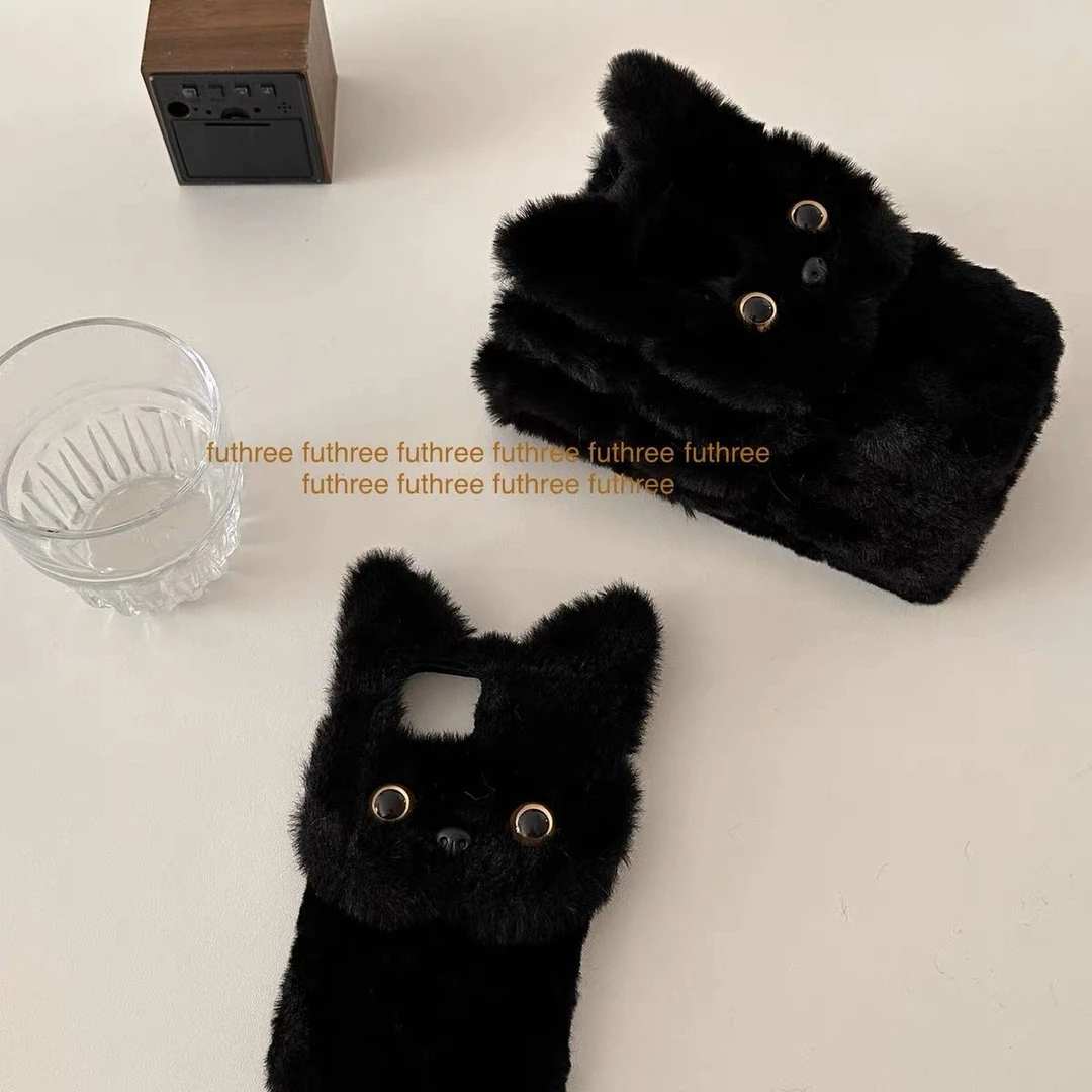 【苹果/华为/oppo/vivo/荣耀/小米/红米/一加】立体黑猫毛绒手机壳