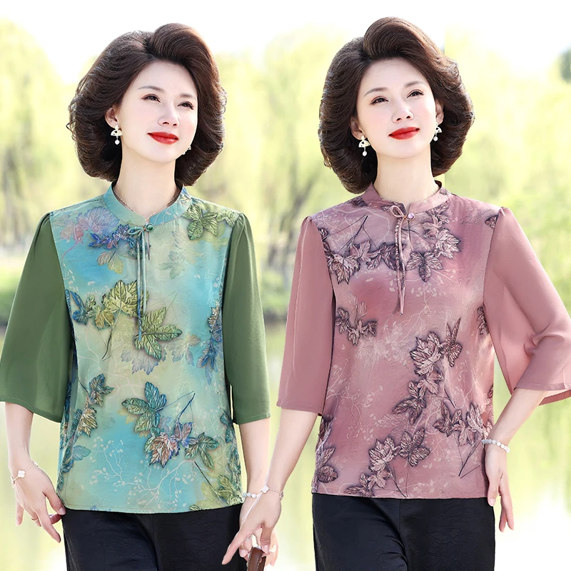 妈妈夏装冰丝中袖t恤小衫2024新款中年女时尚国风上衣中老年汗衫
