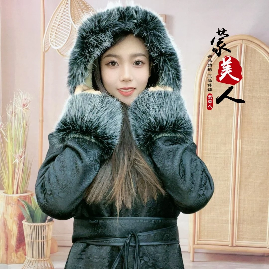 蒙美人-传统棉袍仿狐狸毛领蒙古长袍日常生活装 改良新式蒙古服饰
