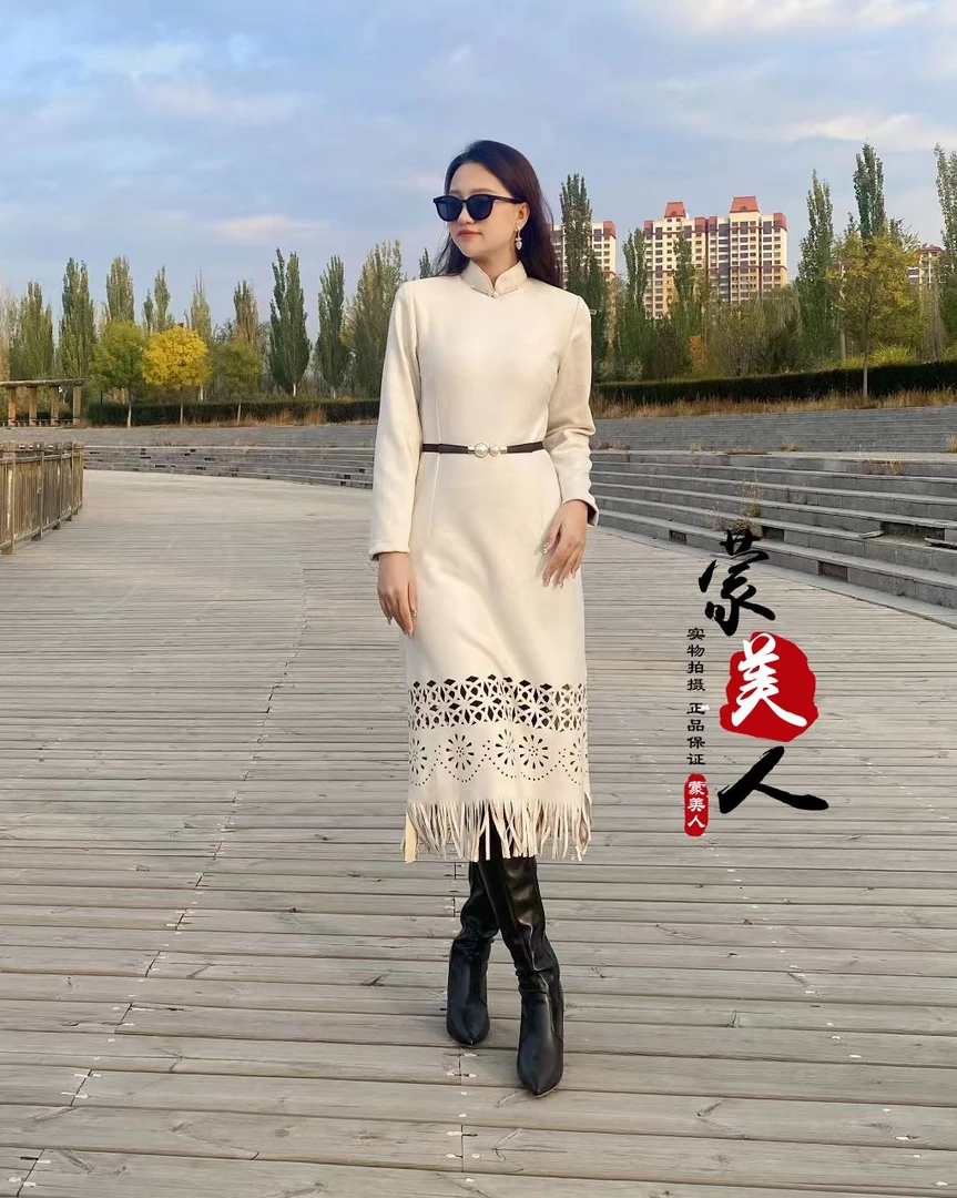 蒙美人-秋冬麂皮绒百搭修身连衣裙时尚改良新式蒙古服饰