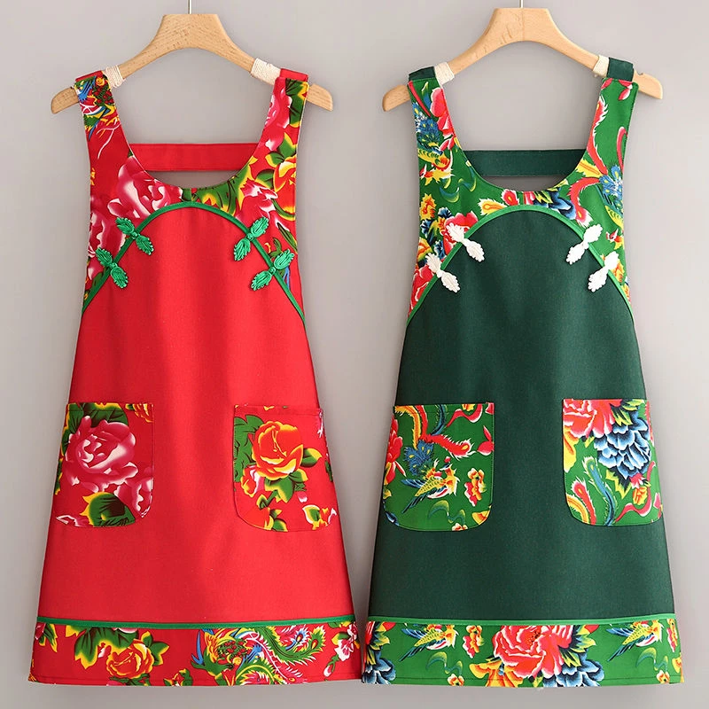 中式虎年帆布厨房家用围裙餐饮服务员定制logo印字洋气复古围腰