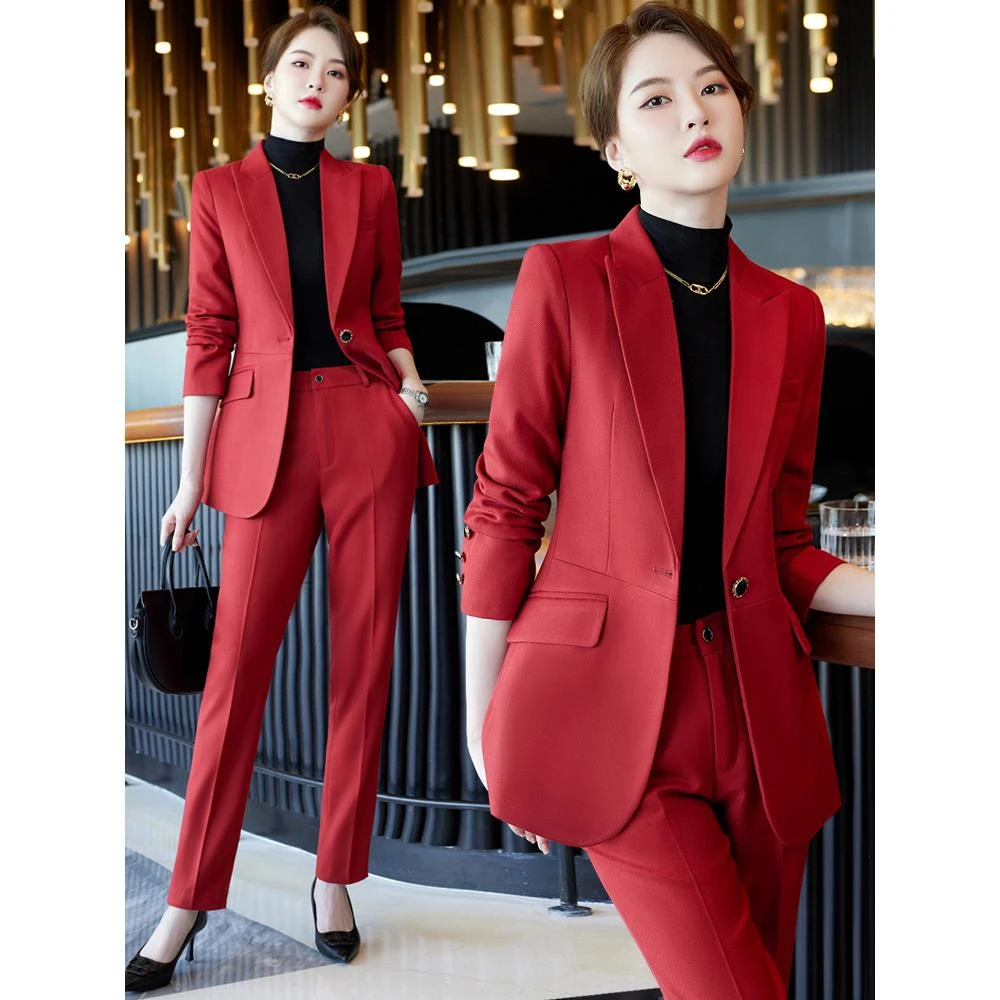 高端红色西装套装女2024新款春播音高级感正装女士职业装西服外套