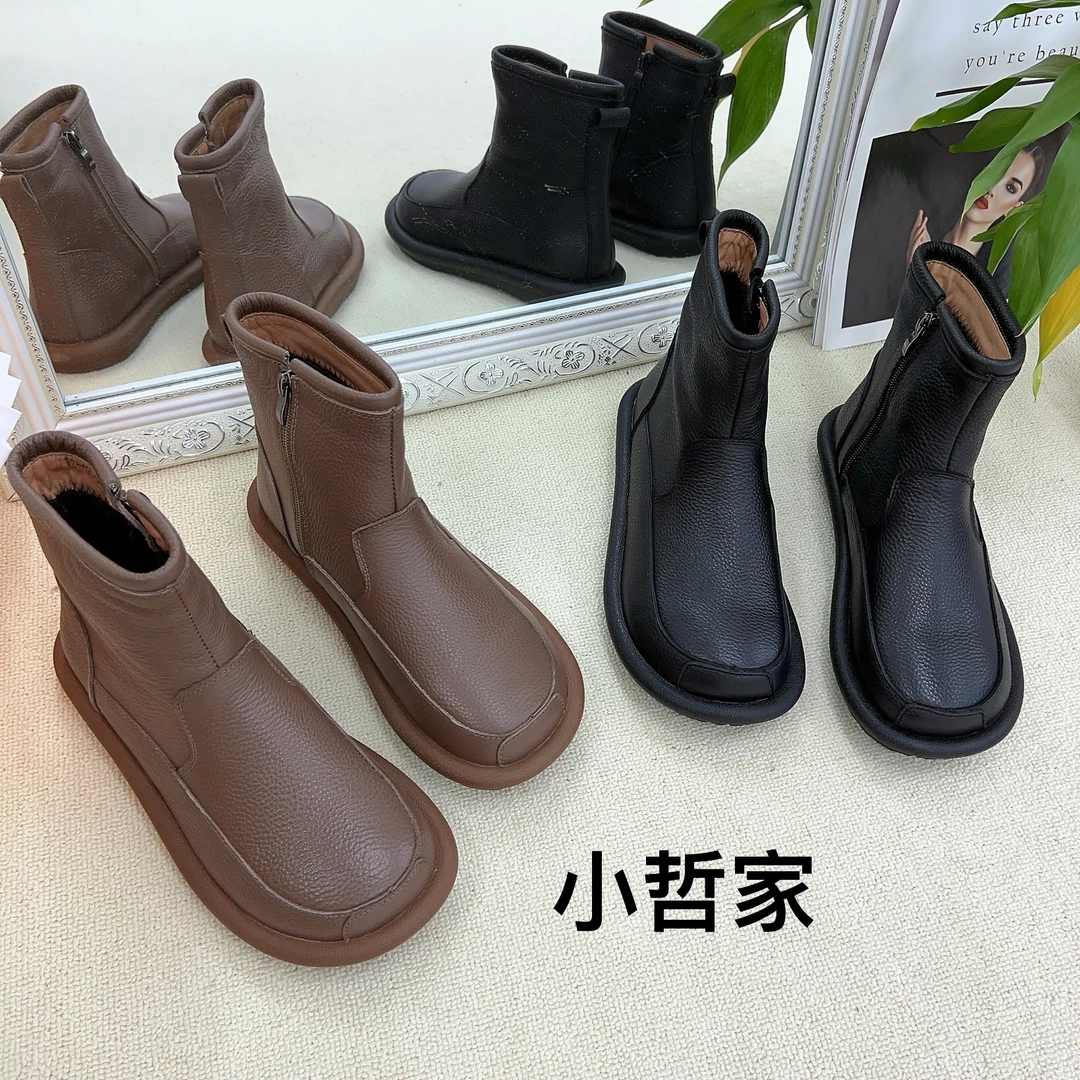 9236冬季新款广州真皮平底圆头加绒手工鞋休闲百搭切尔西靴马丁靴