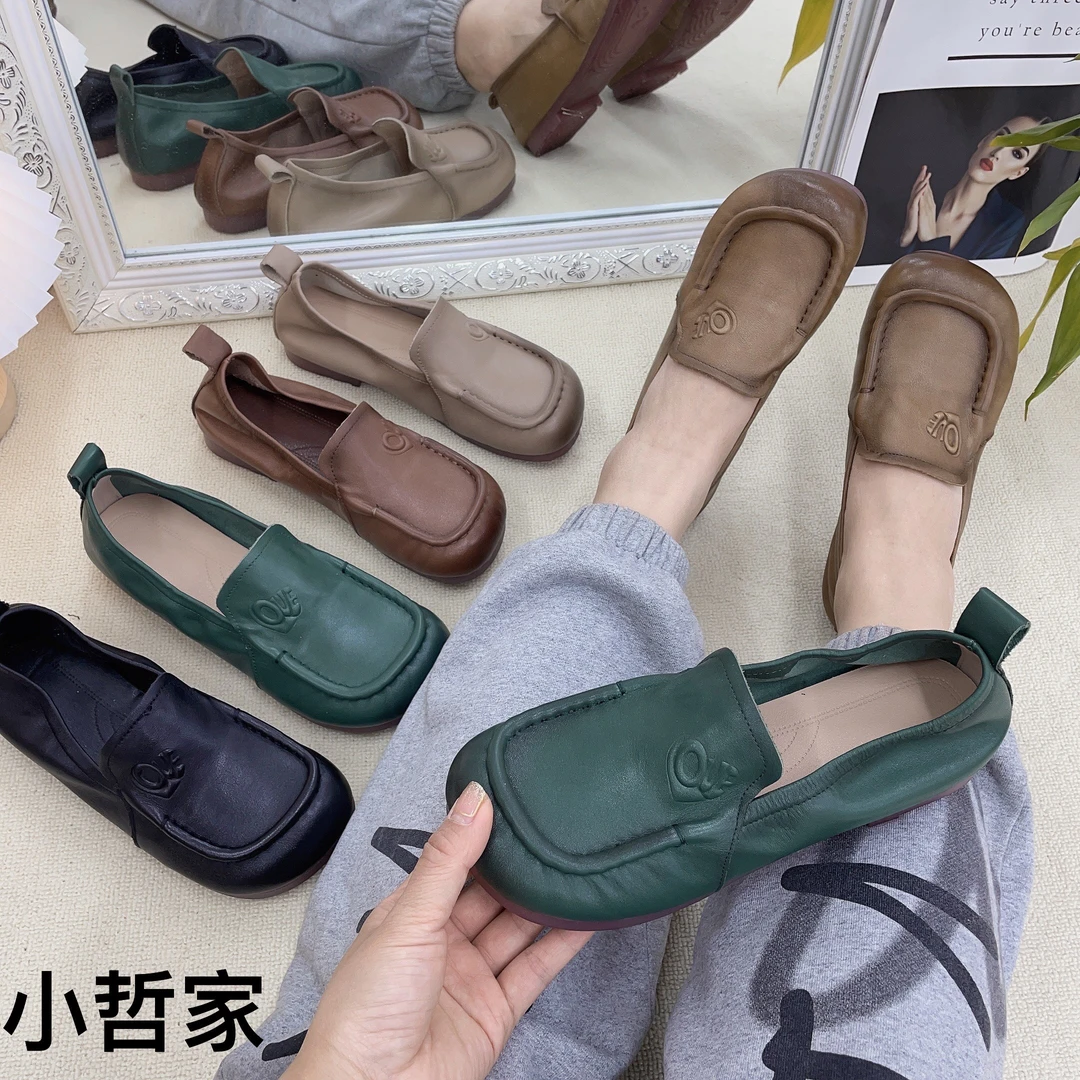 9007春季新款平底方头休闲百搭透气真皮豆豆鞋乐福鞋单鞋低帮鞋