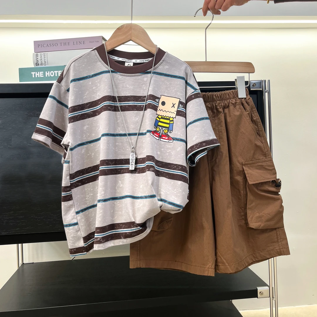 【卡通条纹短袖套装】男童夏装T恤短裤两件套儿童夏韩版中大童男孩