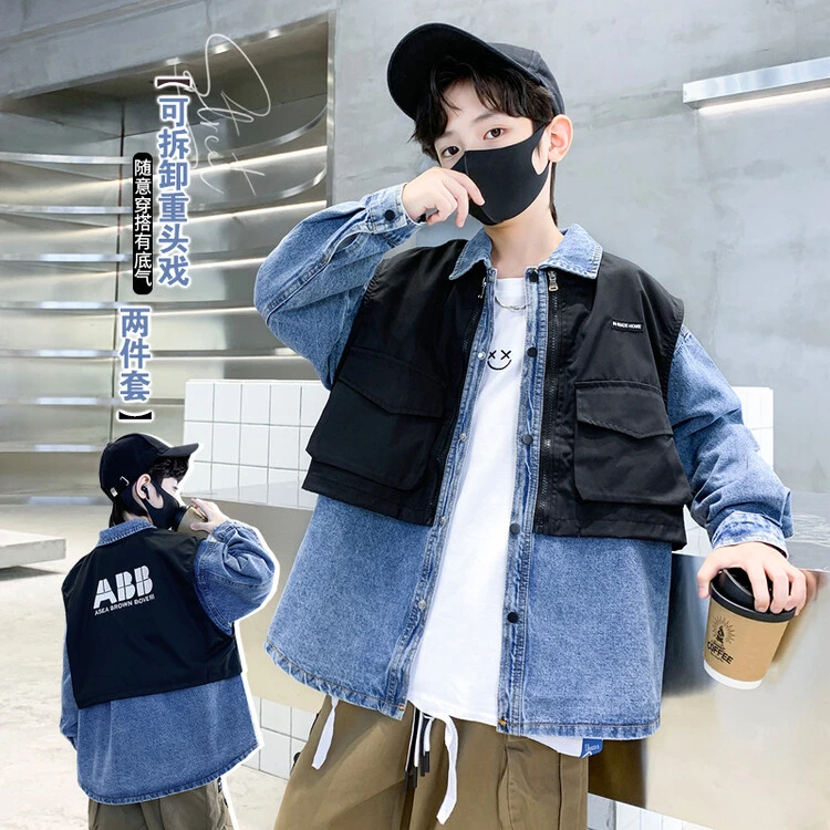 男童工装口袋假两件牛仔衬衫儿童春秋拼色休闲秋季百搭童装牛仔衣