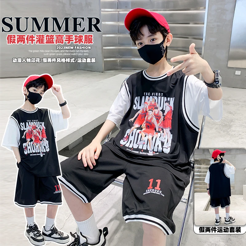 【灌篮高手篮球服套装】男童夏装假两件球衣短袖两件套儿童夏季运动