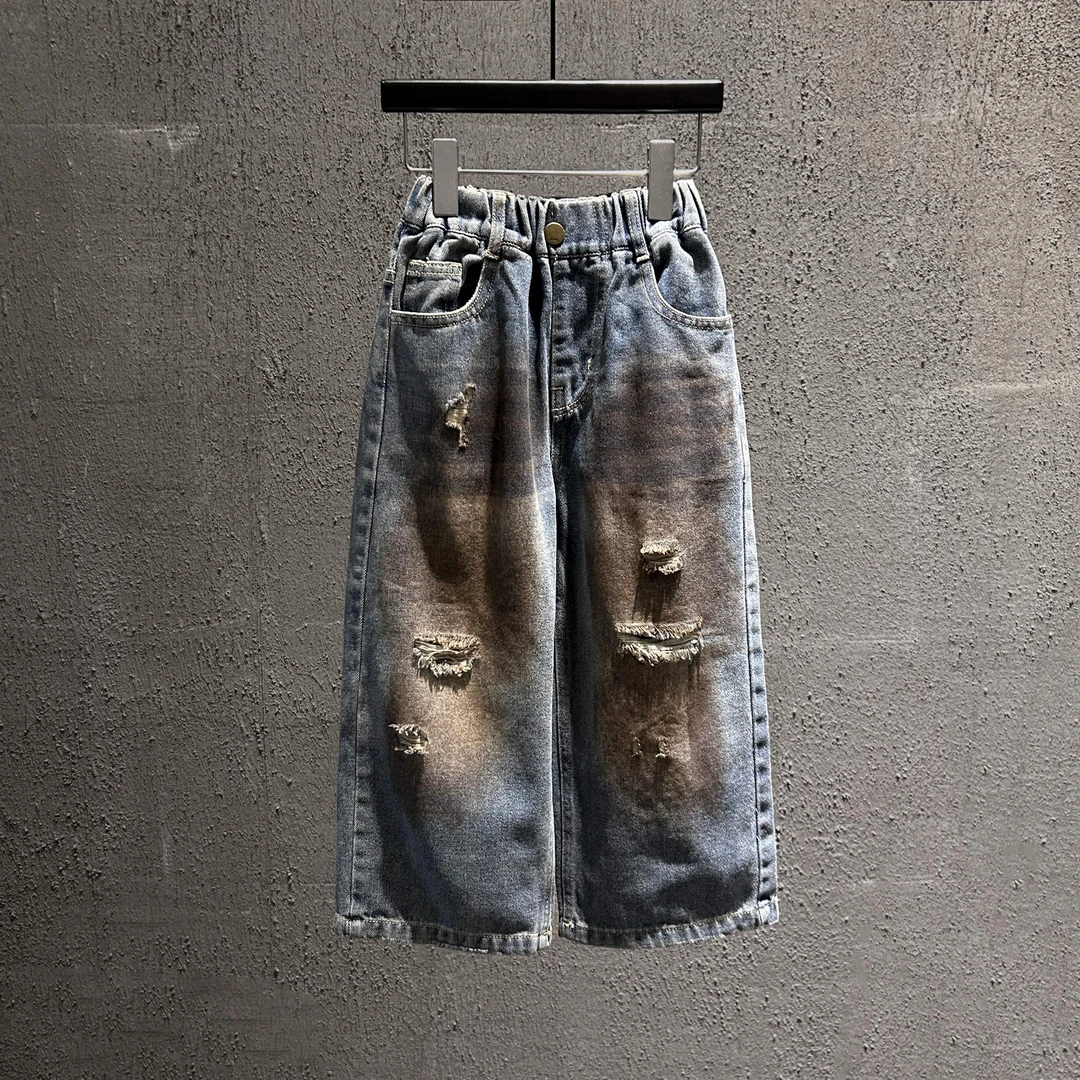 【引力kids】韩国童装休闲百搭长裤男童喷绘牛仔裤做旧款长裤7257
