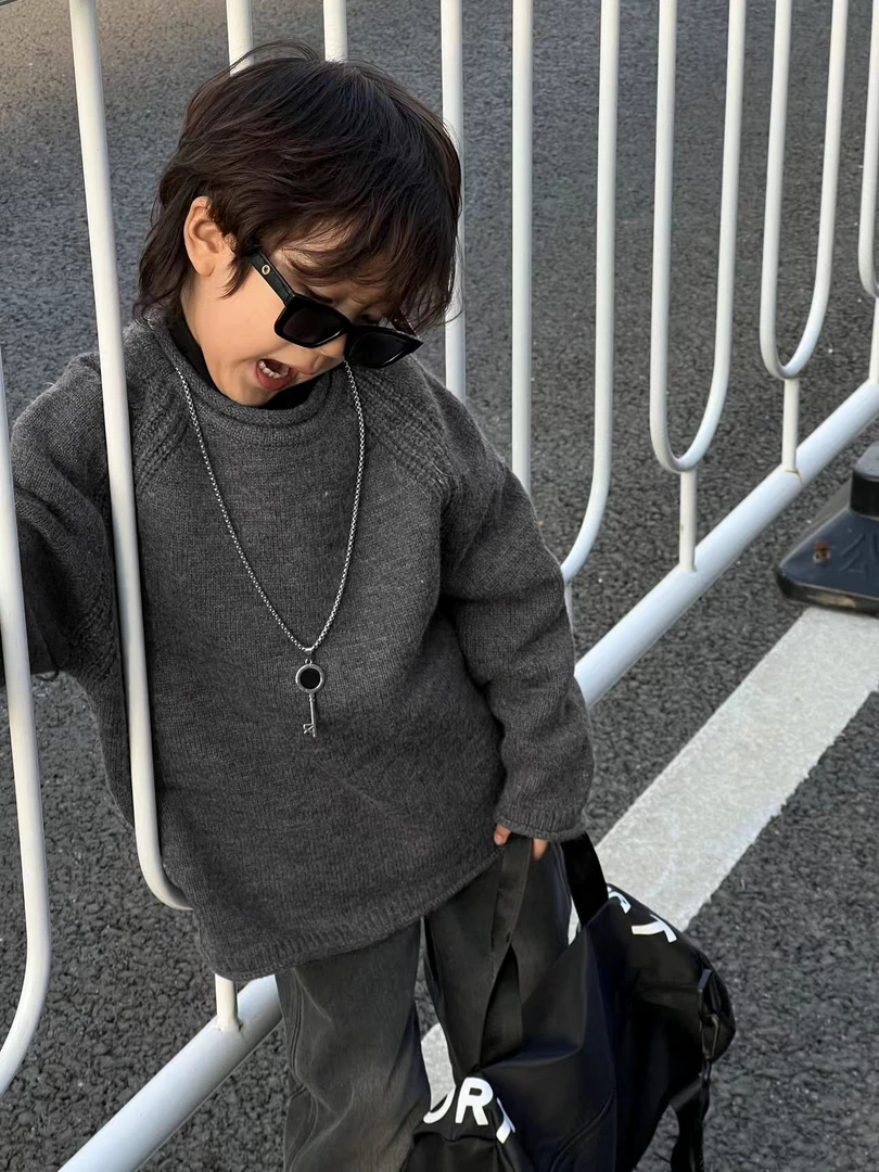 【秋日上新】韩国儿童针织衫毛衣加厚灰色圆领宽松休闲上衣