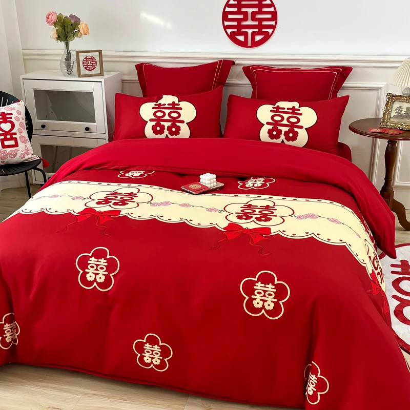 简约风婚庆四件套大红色红花喜被罩床单床笠结婚陪嫁喜被床上用品