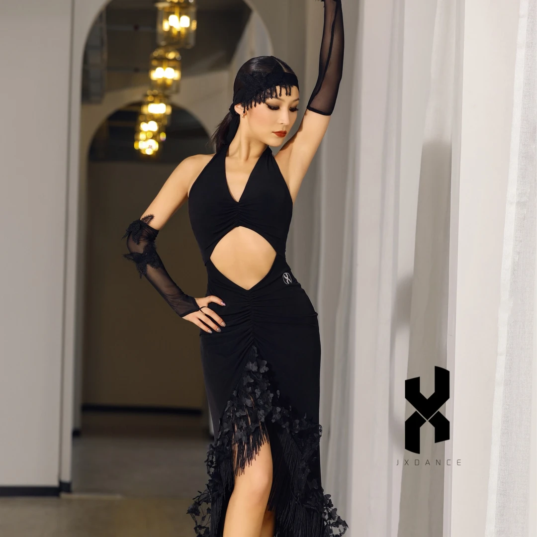 挂脖镂空无袖连衣裙JX364