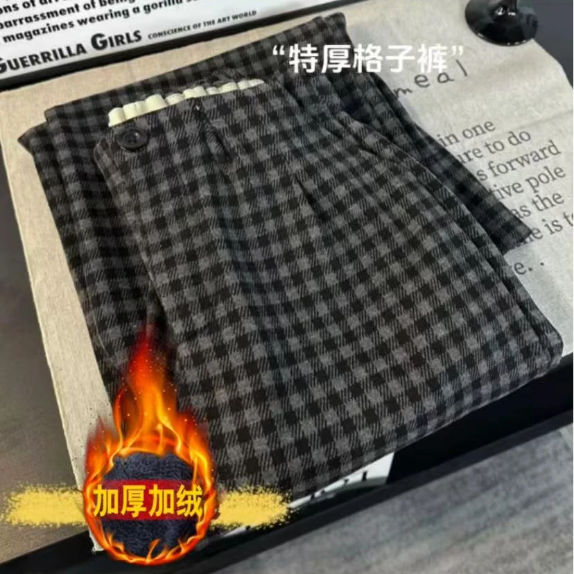 【HP原版】加绒加厚格子裤复古冬季阔腿裤宽松慵懒风高腰直筒女裤