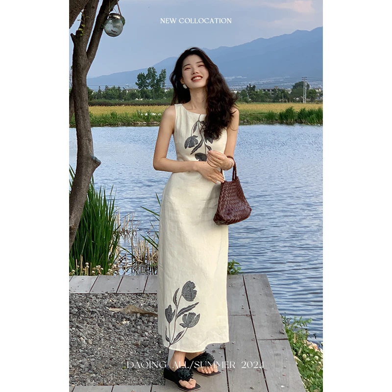 许大晴【舜华】复古慵懒印花度假背心连衣裙D8744