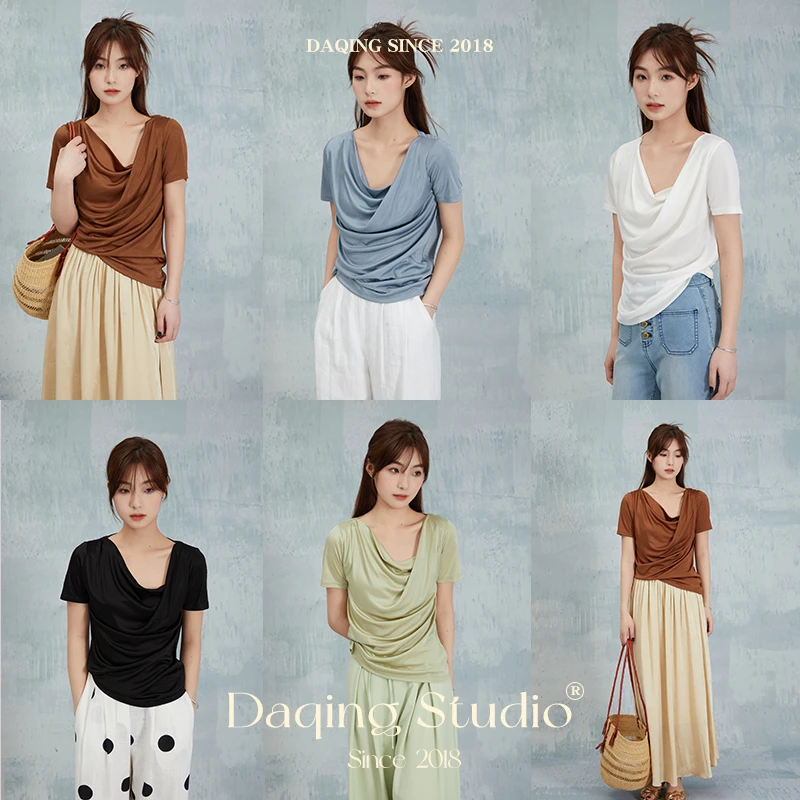 许大晴【琉光】D2615 经典基础款圆领荡领短袖醋酸T恤