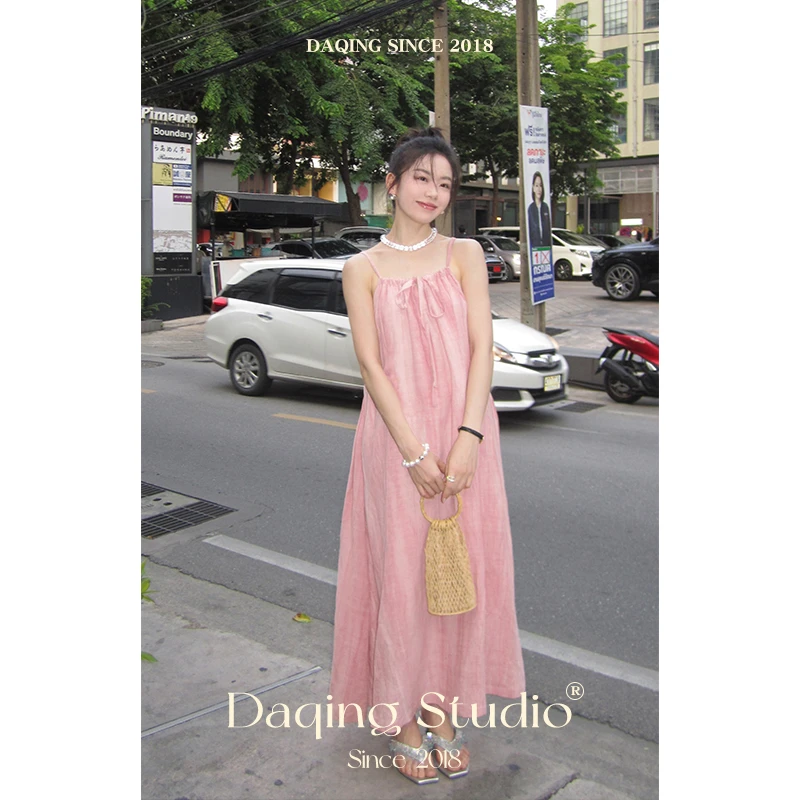 许大晴【夏果】D8645高定金标系列 亚麻炒色工艺 清冷感吊带裙