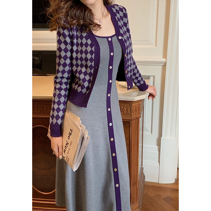 许大晴 D4331 复古棋盘格套装 开衫+连衣裙