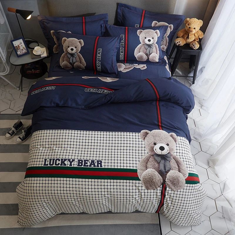 时尚大版印花轻奢全棉磨毛加厚纯棉四件套高端印花床上用品幸运熊