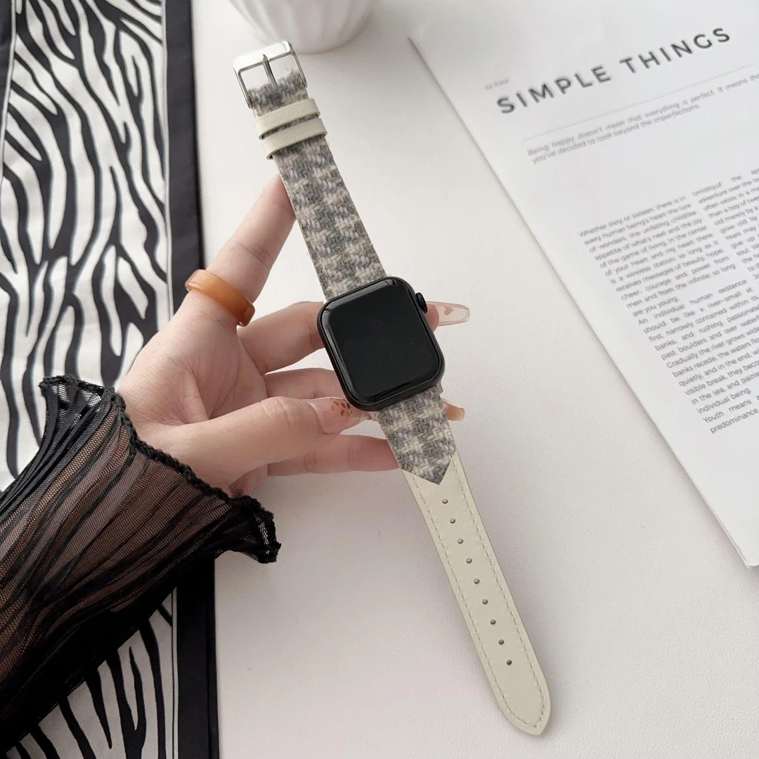 s9适用Apple watch8表带iwatchSE苹果7代6432秋冬款千鸟格真皮