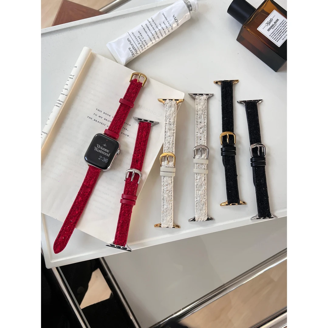 细款小香风毛呢皮质表带适用apple iwatch987654代se苹果手表替换