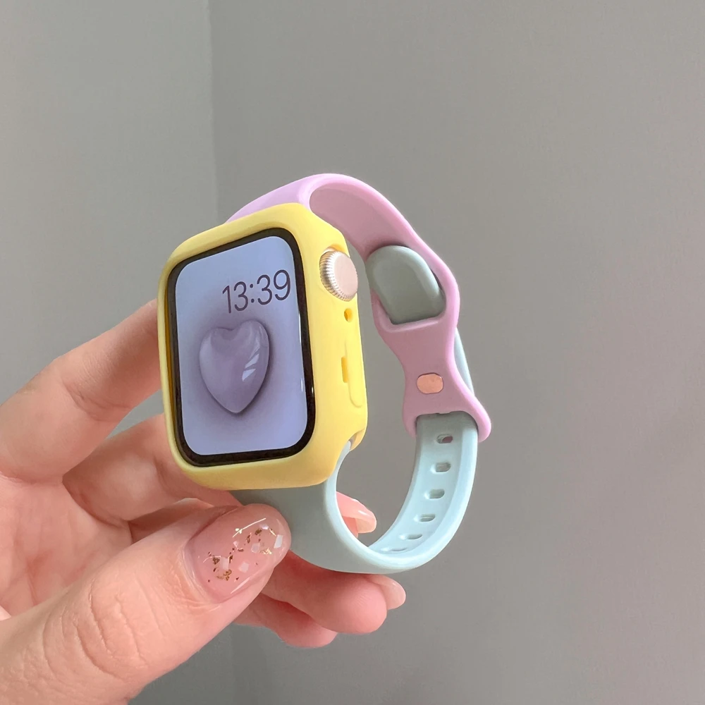 适用Applewatch9小蛮腰硅胶蝴蝶扣s10苹果手表s8/7/6/5撞色se表带