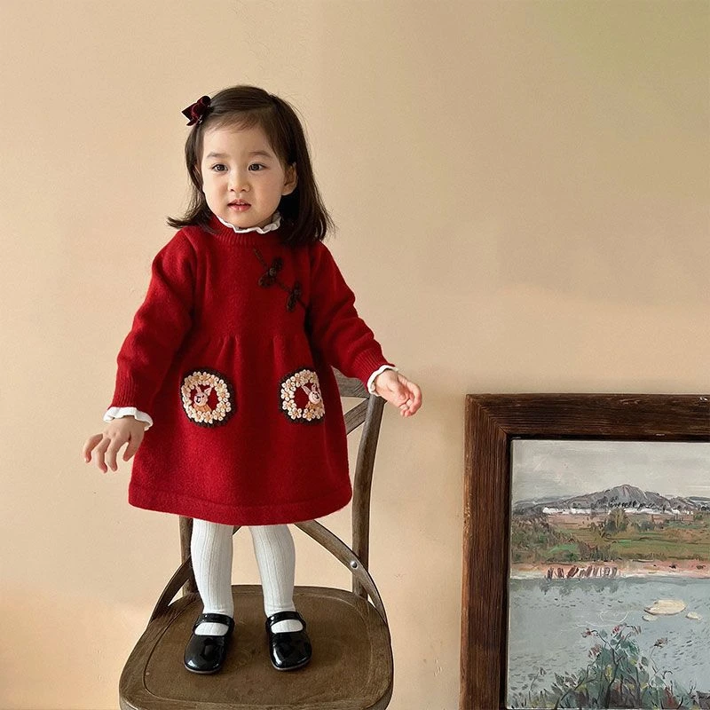 女童红色连衣裙复古针织裙秋冬新款宝宝洋气毛线裙套装儿童公主裙