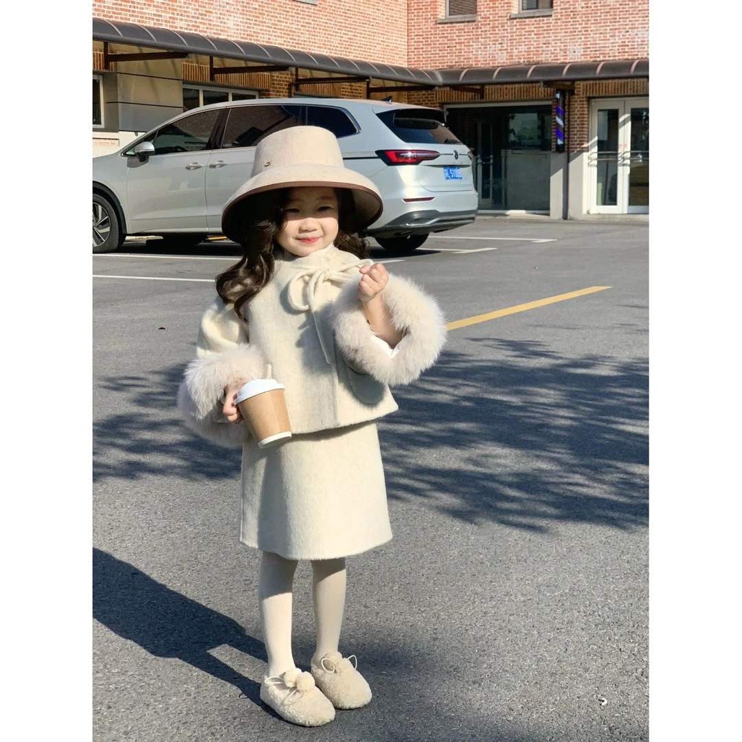 韩国童装女童毛呢外套秋冬款女孩洋气气质背心裙毛毛边呢子大衣