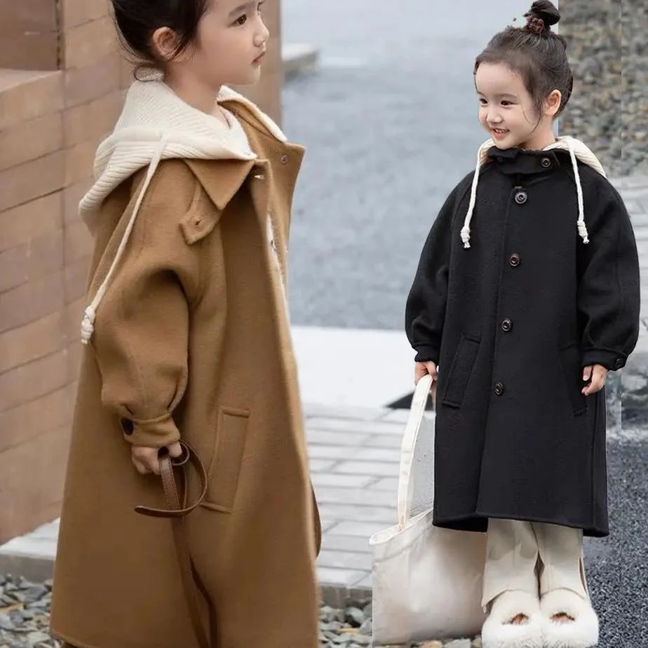 秋冬新款中大童大衣毛呢子大衣儿童可拆卸连帽韩版女童风衣外套潮