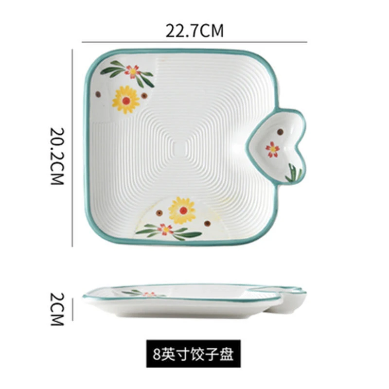 日式陶瓷饺子盘带醋碟家用手绘方形爱心早餐分格盘创意小吃薯条盘